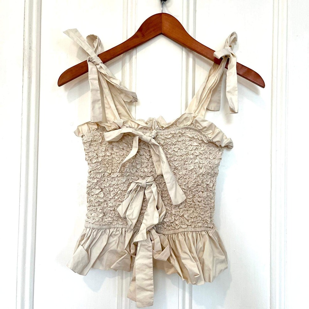 Mable Cream Smocked Peplum Cami Tie Shoulder‎ Ruffle Small Cottagecore Coquette